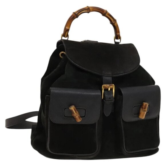 GUCCI Bamboo Backpack Suede Black Gold 003 2058 0016 Auth 137283 - Picture 1 of 15
